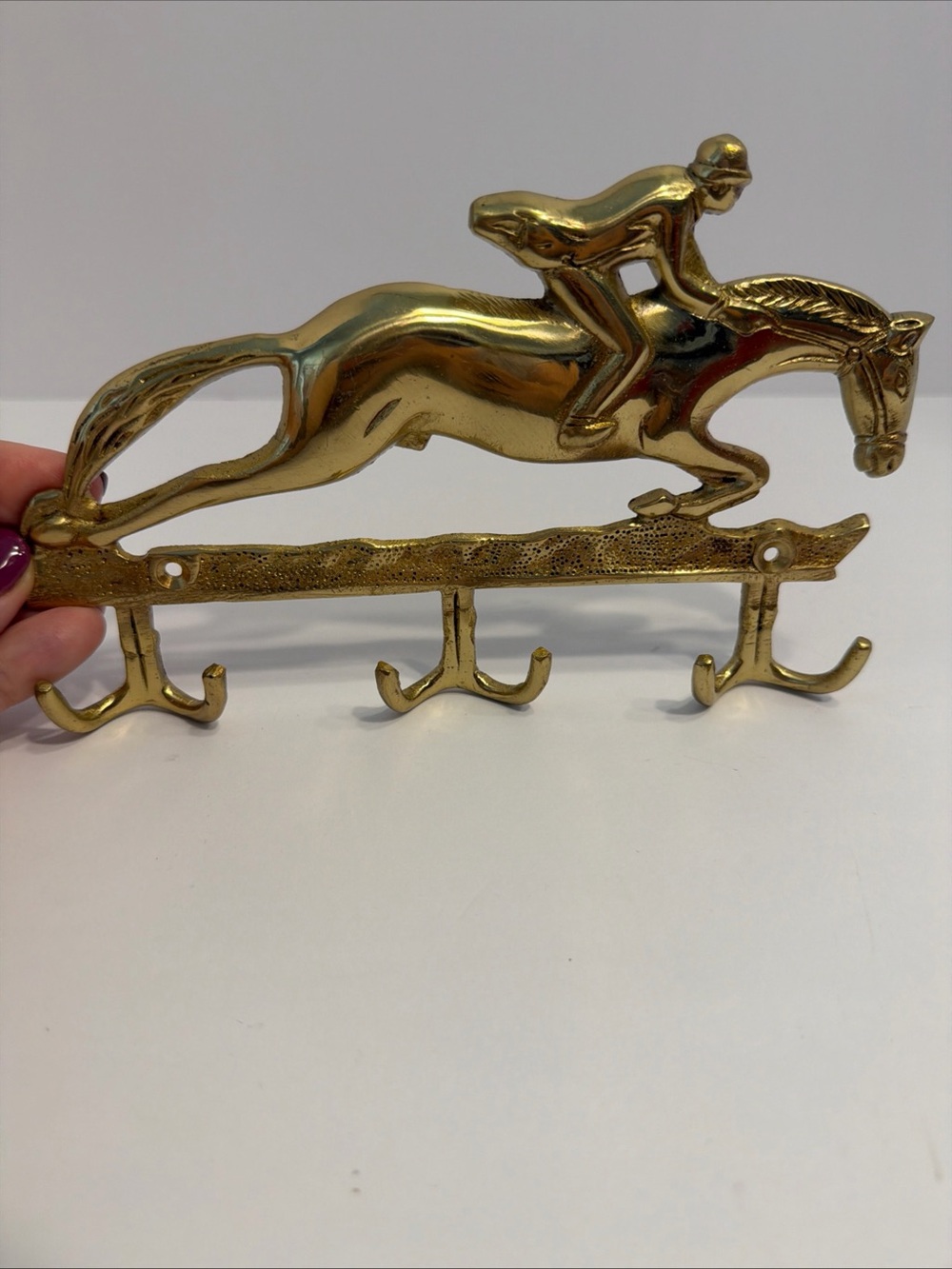 Vintage Italian Brass Horse Jockey Derby Wall Hook Key Rack Equestrian 6 Hook